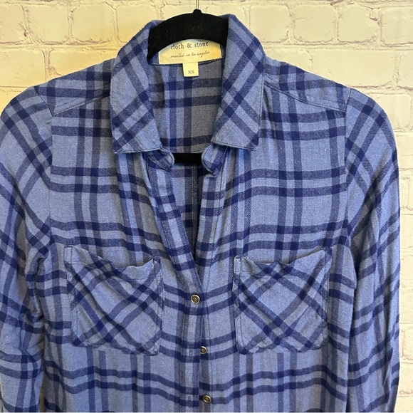 Cloth & Stone roll tab retro preppy blue plaid ladies top size XS cozy y2k - Picture 9 of 10